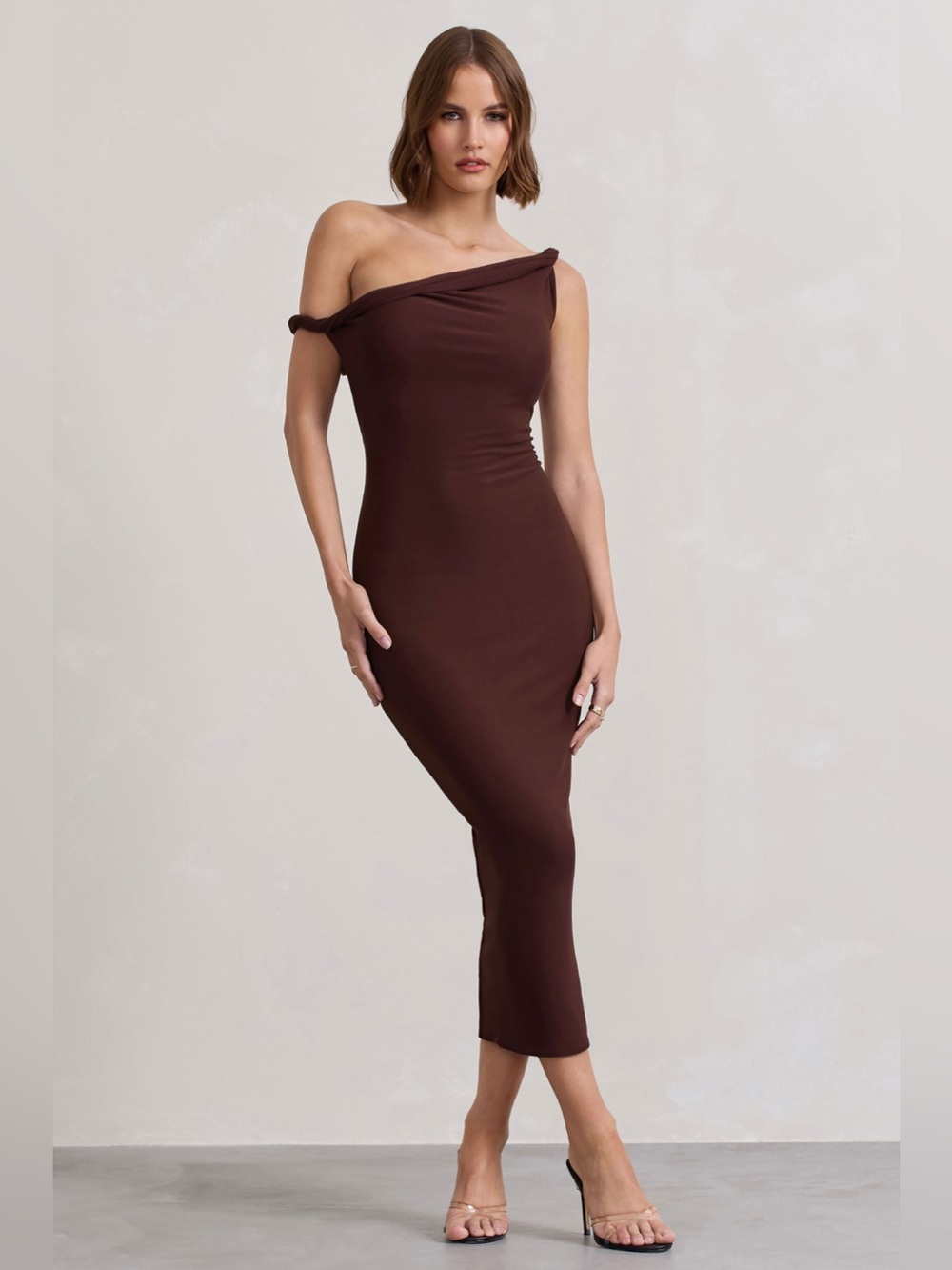 Club L London Chocolate Brown Off-Shoulder Midi Dress